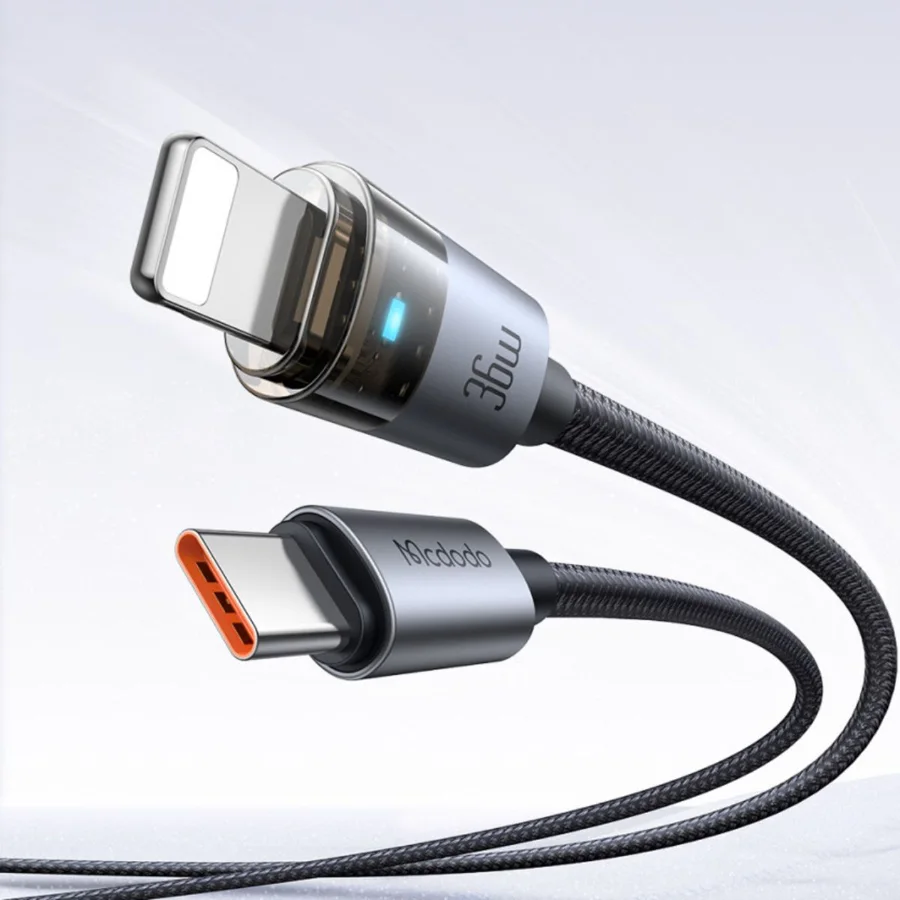 كابلات ومحولات شحن McDodo — MCDODO CA-6940 36W USB-C to Lightning Transparent Cable with Charging Light 1.2m