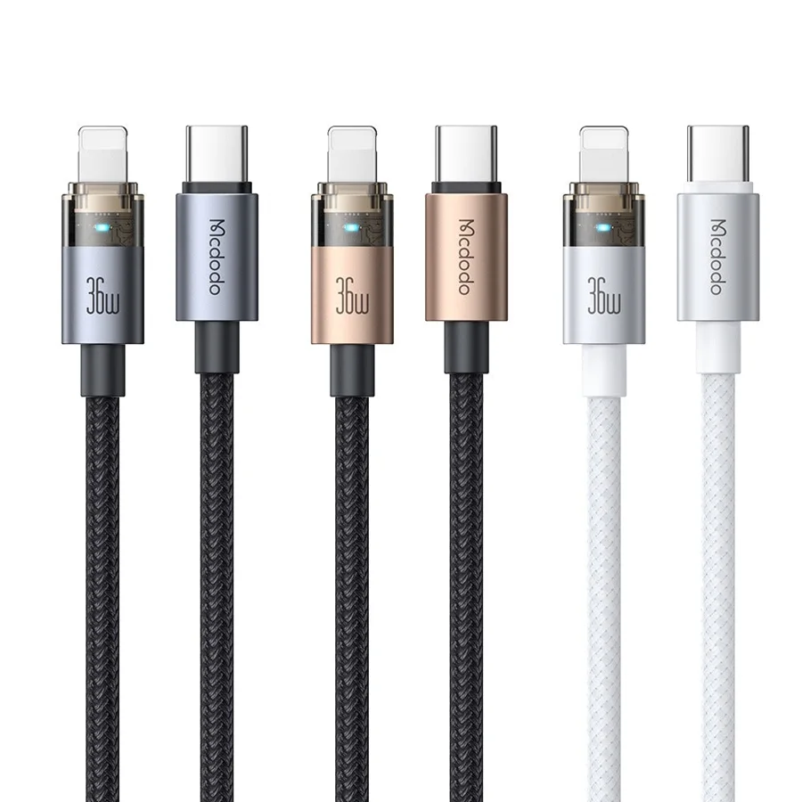 كابلات ومحولات شحن McDodo — MCDODO CA-6940 - CA-6941 36W USB-C to Lightning Transparent Cable with Charging Light 1.2m