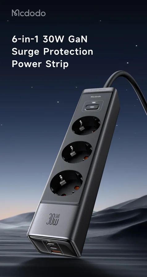 محولات سفر ووصلات كهرباء McDodo — MCDODO CH-0620 6-in-1 30W GaN Surge Protection Power Strip (EU)