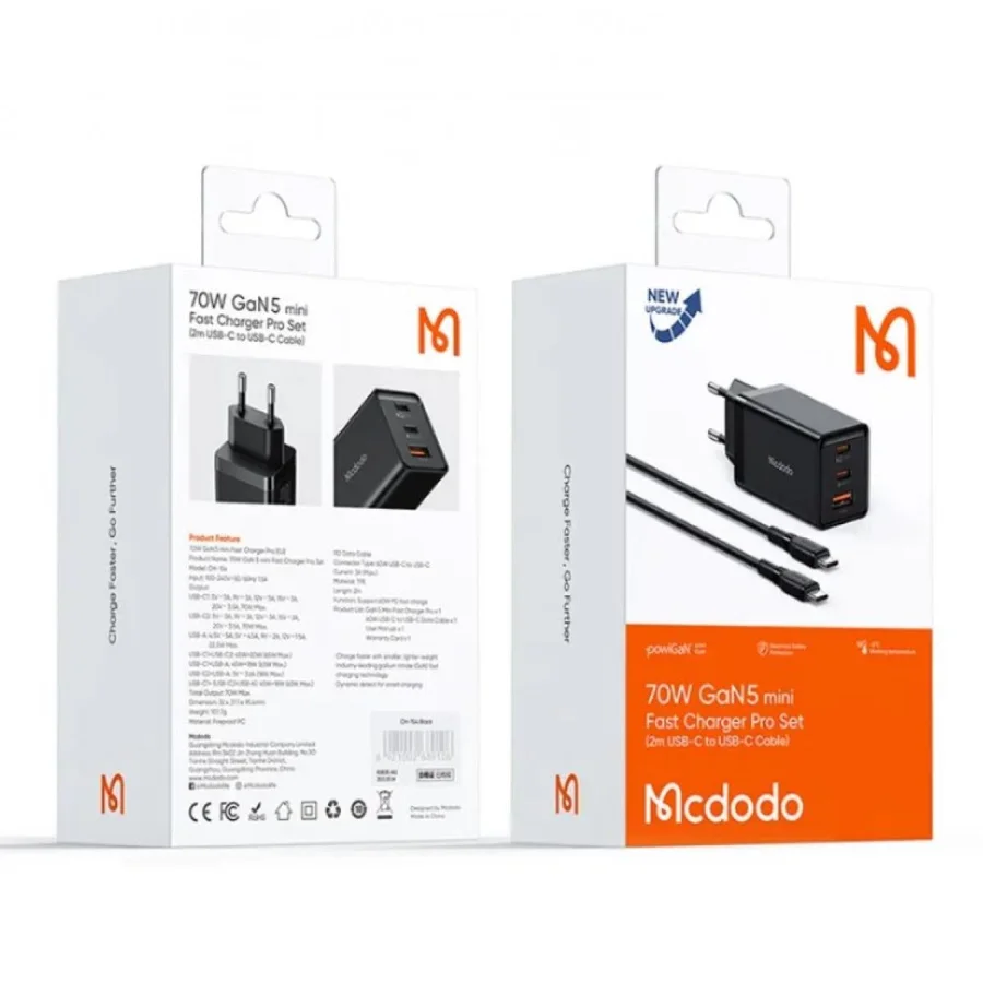 شواحن حائط McDodo — MCDODO CH-5080 45W GaN & 5A Cable USB-C Fast Charger Set