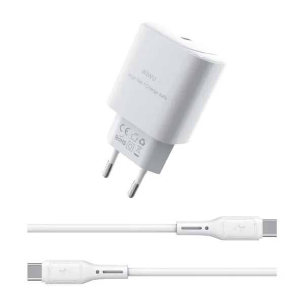 كابل شحن WIWU Wi-G008 — WiWU Essen Wi-G008 30W GaN Fast Charger with C-C Cable Combo (EU Plug)