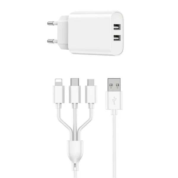 كابل شحن WIWU Wi-U003 — WiWU Dual USB Charger + 3 in 1 Cable (Wi-U003)